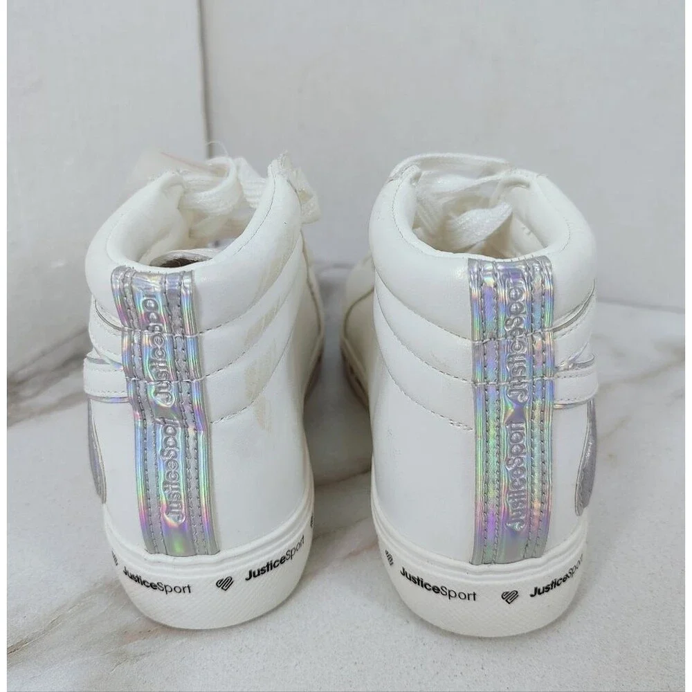 NWT Justice Sport Girls' Mid Court Iridescent Pearl Holographic Sneakers, Sz 4